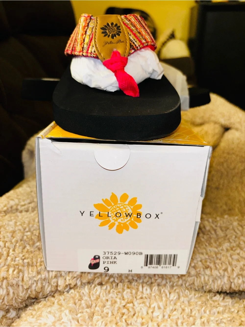 Yellow Box Black Sandal with Multicolor Woven Strap and Pink Accent